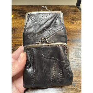 VTG Black Leather Patchwork Double Kiss Lock Cigarette Coin Purse 3 Pockets Boho